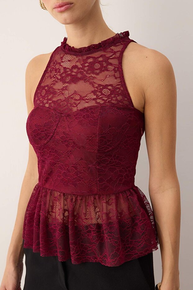 Koyu Bordo Dantel Peplum Detaylı Party Bluz TPRAW26BZ00008 - 5
