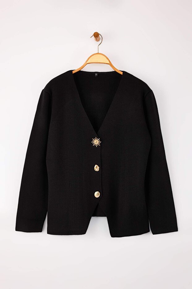 Black Trend Button Detailed Ceke Look Knitwear Cardigan Tbbaw26Av00043 - 1