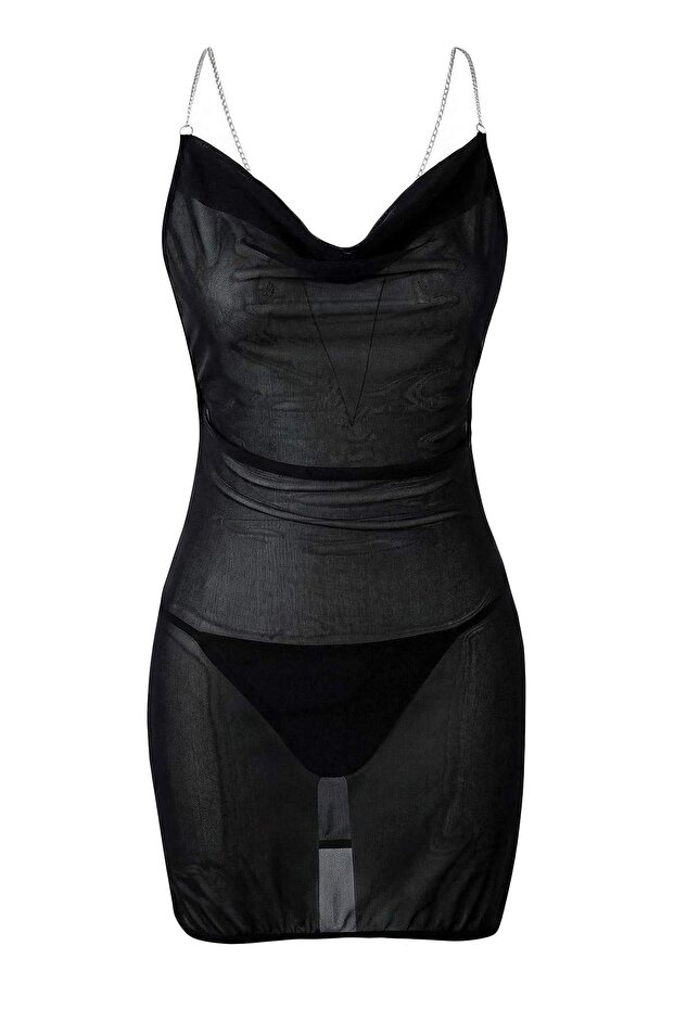 Siyah Tül Zincir Askılı Kapsız Külotlu Babydoll/Fantezi Gecelik THMAW26LL00025 - 2
