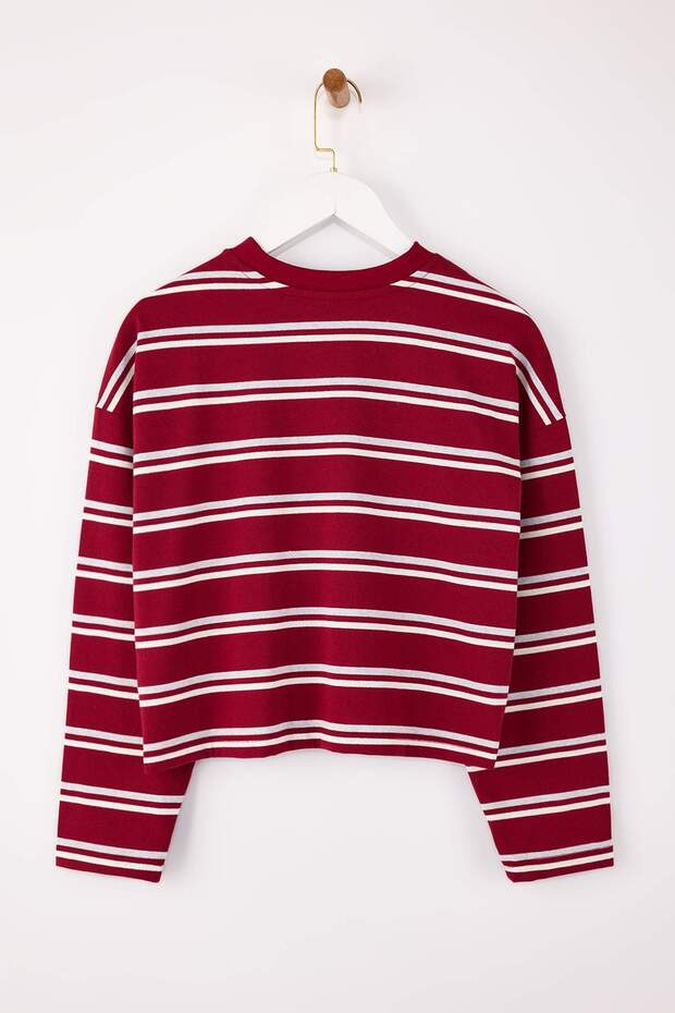 Wardrobe Essentials-Bordo Çizgili Relaxed/Rahat Kalıp Örme T-Shirt TWOSS26TS00019 - 6