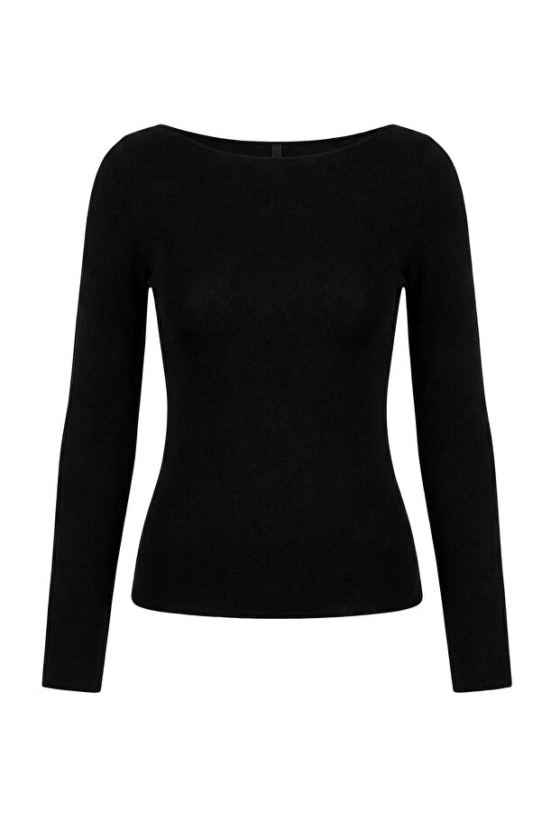 Wardrobe Essentials Siyah Yumuşak Dokulu Kayık Yaka Triko Kazak TWOAW26KZ00293 - 8