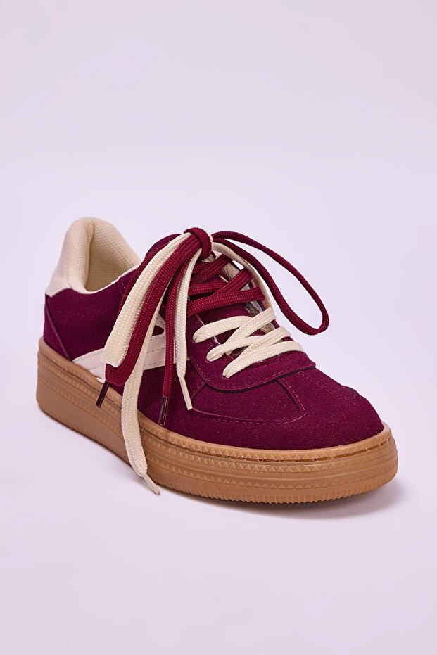 Bordo İki Bağcıklı Çift Kullanımlı Kadın Retro Spor Ayakkabı TAKSS25SN00009 - 3