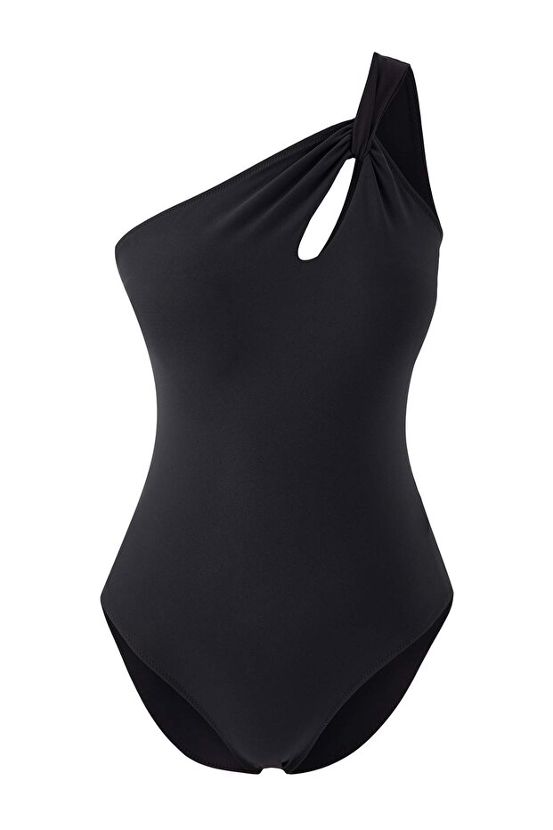 Siyah Tek Omuz Cut Out Detaylı Kaplı Regular Mayo TBESS26MA00004 - 5