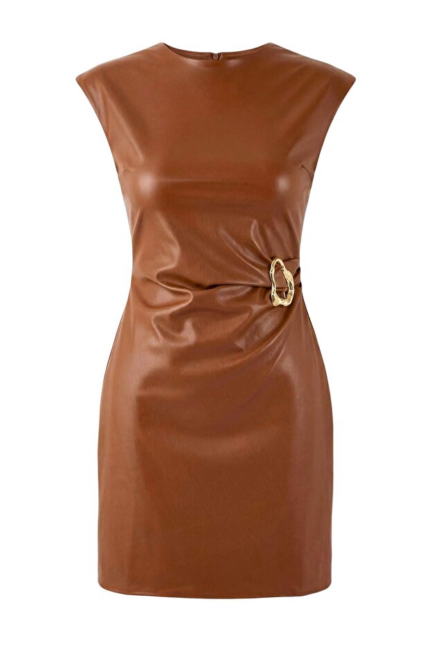 Kahverengi Düz Kısa / Mini Dokuma Elbise TWOAW26EL00336 - 5