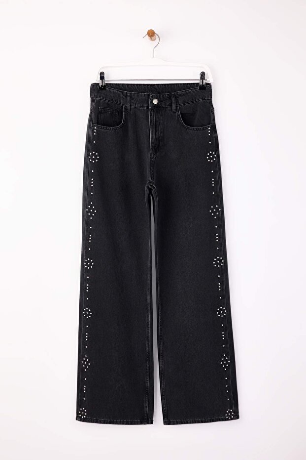 Siyah DÖKÜMLÜ Taş Detaylı Yüksek Bel %100 Pamuk Wide Leg Jeans TWOSS26JE00073 - 1