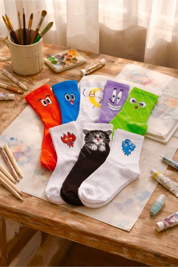 Unisex 8-Piece Cotton Combed Colorful Character Cheerful College Tennis Socks