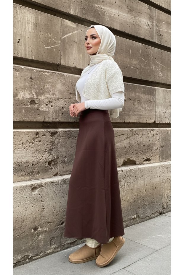 Women's Black Scuba Puff Fabric Flared Hijab and Casual Skirt