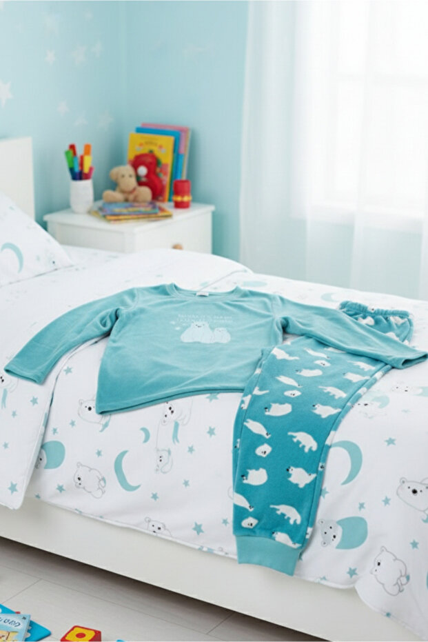 طقم بيجامة للأولاد باللون الفيروزي فائق النعومة - 3