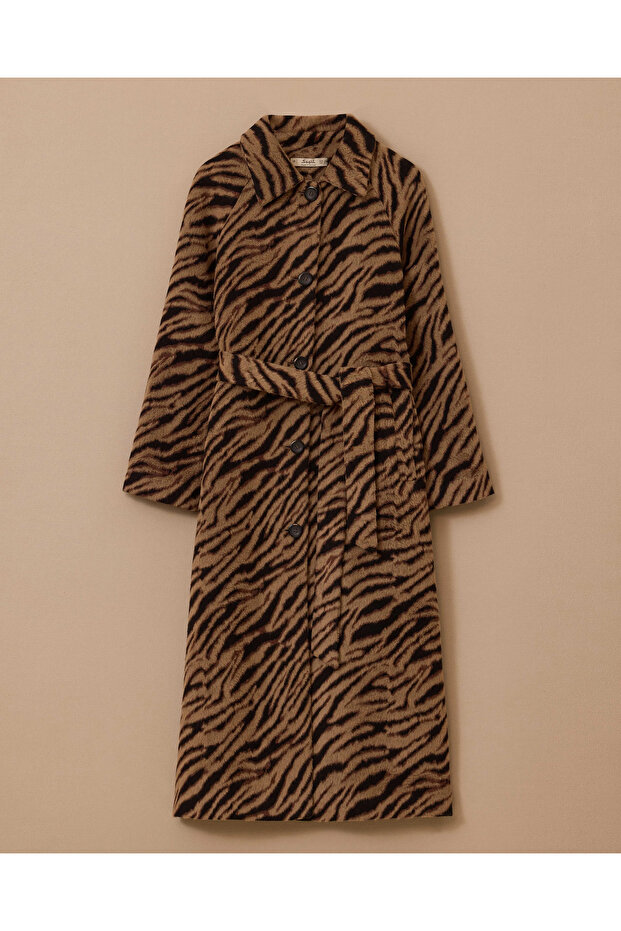 Zebra Patterned Belted Long Coat - 5