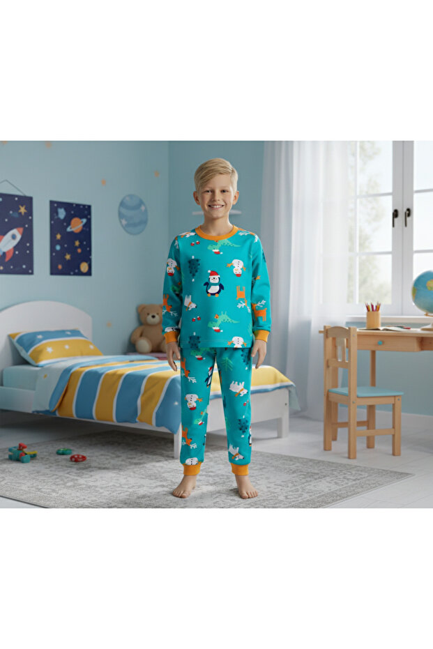 New Year-Themed Cotton Pajama Set with Snowman Pattern