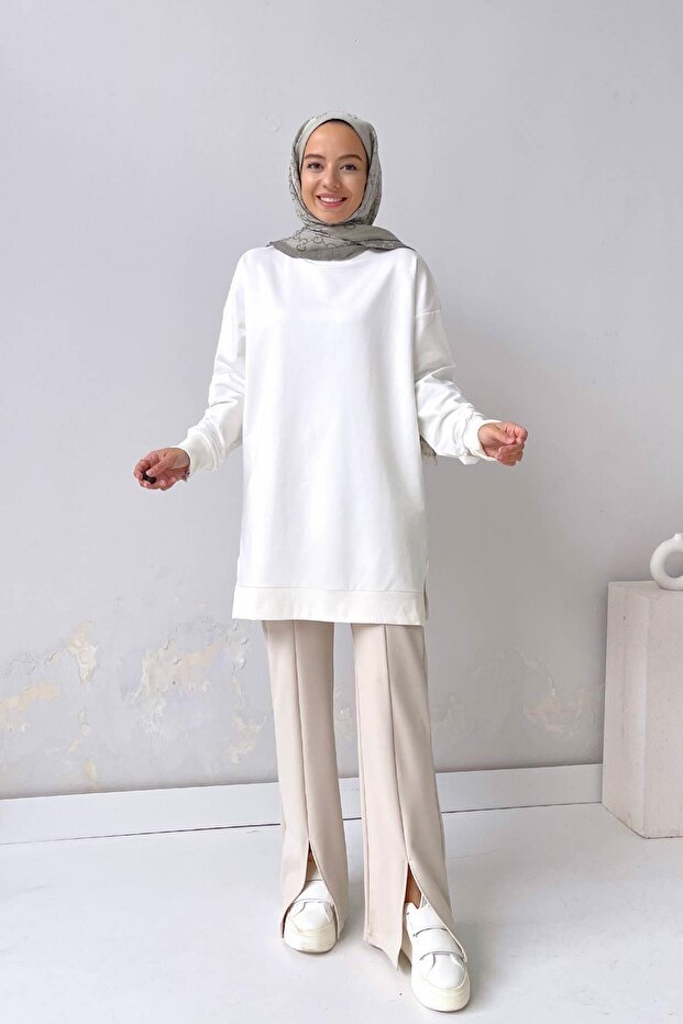 Basic Tesettür Sweatshirt - Beyaz - 4