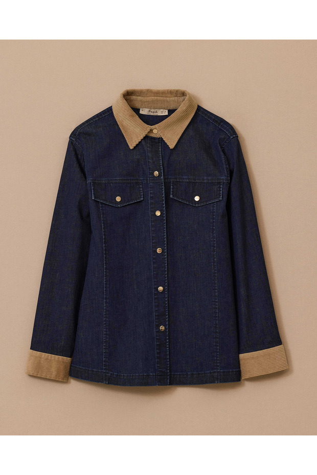 Double Fabric Snap Button Jean Jacket - 5