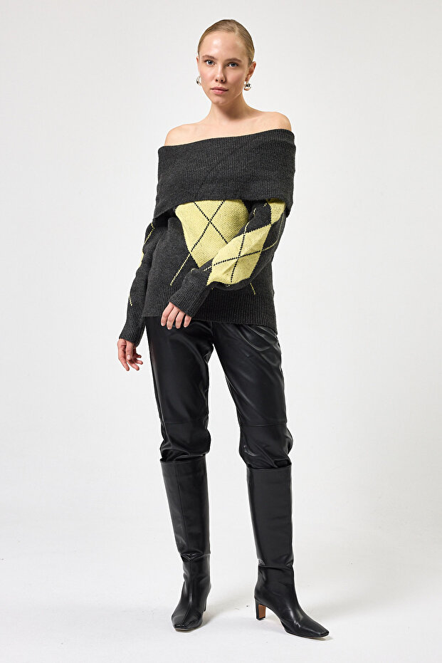 2123 Baklava Patterned Sweater Anthracite-Yellow - 3