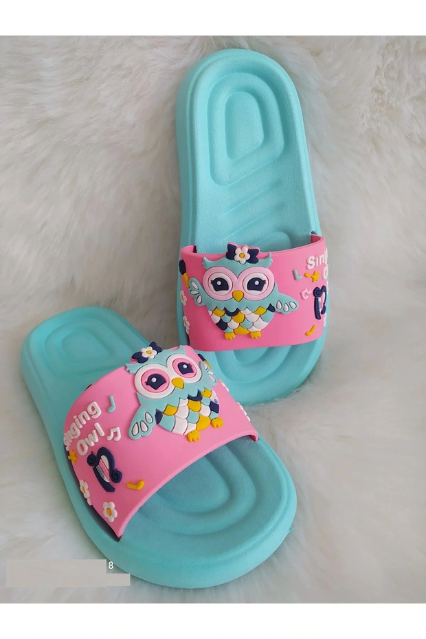 Bird Patterned Pink Anatomical Sole Non-Slip Plastic Girl's Pool Sea Beach Home and Street Slippers