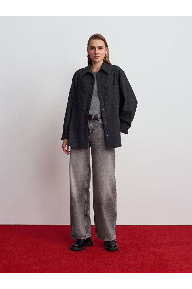 50537 Örme Oversize Gömlek-Antrasit - 1
