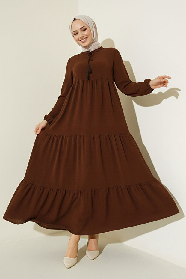 1627 Collar Lace-up Hijab Dress - E. Brown