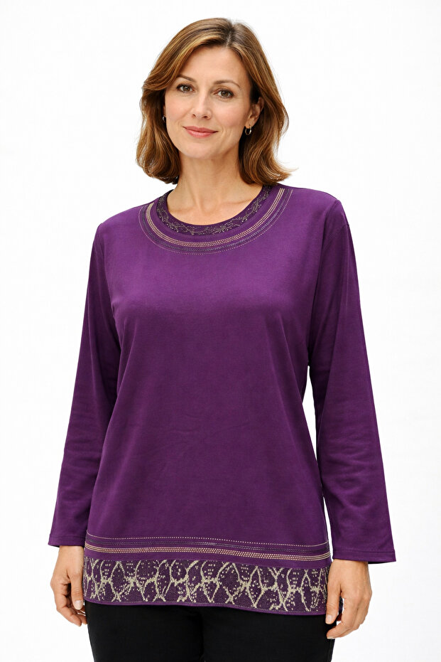 Relaxed Cut Round Neck Stone Embroidered Women's Mother Combed Cotton Blouse