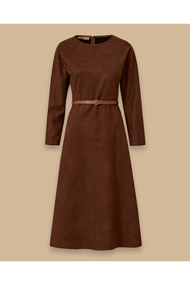 Kemerli Süet Elbise - 5