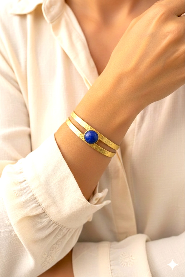 Handmade Pure Brass Natural Stone Cuff Bracelet Authentic Wide Bohemian Adjustable Cuff Bracelet