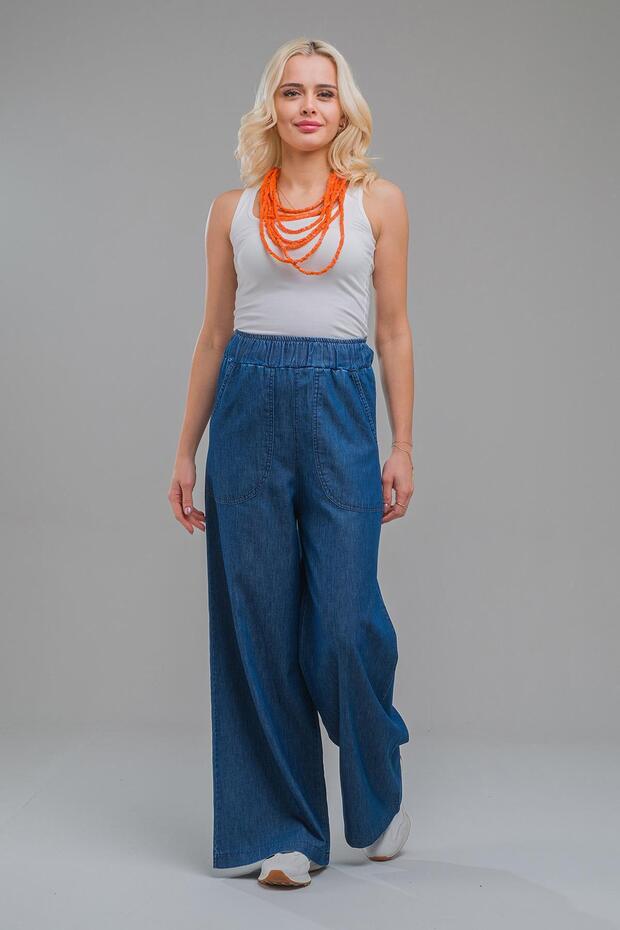 Women's Slim Jeans with Pockets, Wide Legs and Elastic Waist, Indigo Dark Blue