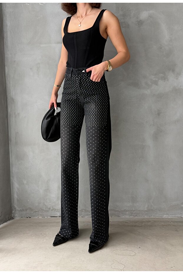 Women's Black Color Shiny Stone Special Design Jean Denim Pants