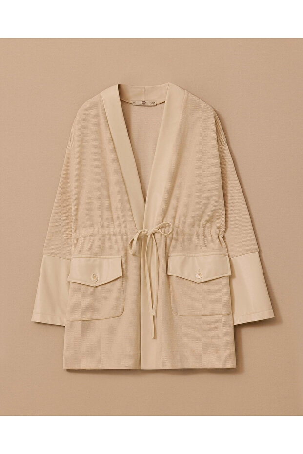 Çift Kumaşlı Bağcıklı Örme Ceket - 6