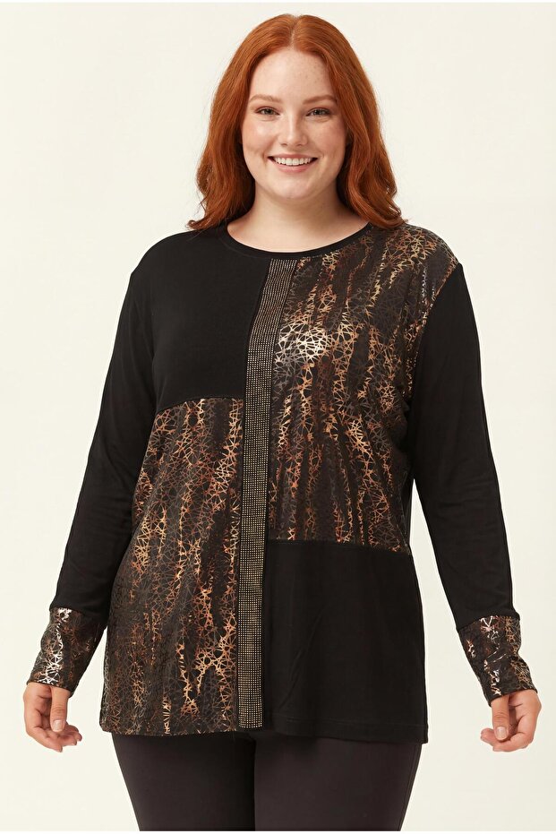 Women's Plus Size Black Blouse with Stone and Leather Print Detail
