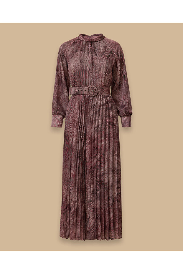 Kemerli Desenli Pliseli Elbise - 6