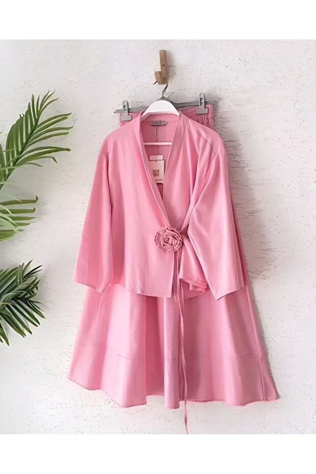 Rose Brooch Side Tie Jacket Skirt Linen Set -Pink