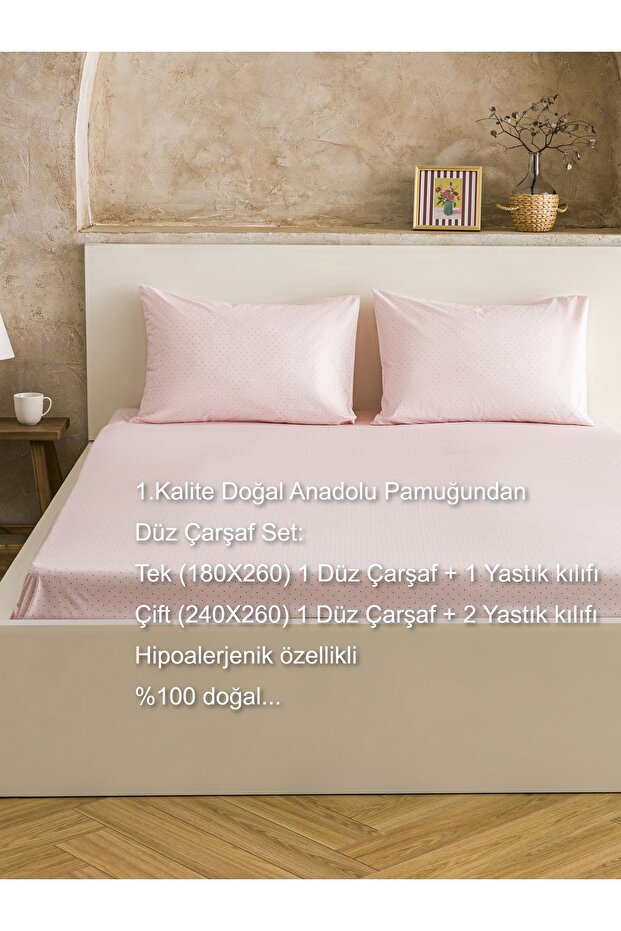 1St Quality Natural Anatolian Cotton Hypoallergenic Flat Sheet Set Pink