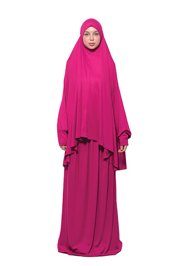 Practical Two Pieces Cotton Bat Sleeve Organic Hijab Prayer Dress with Headscarf - Fuchsia