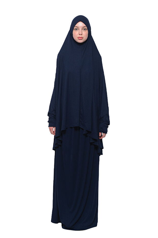 Practical Two Pieces Cotton Bat Sleeve Organic Hijab Prayer Dress with Headscarf - Dark Navy