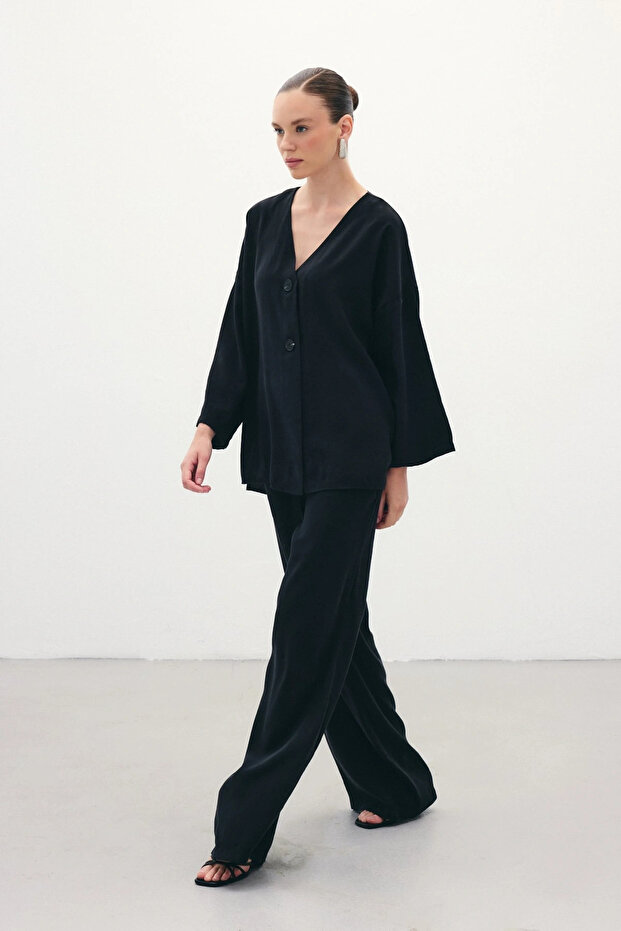Düğmeli Kimono - Siyah - 7