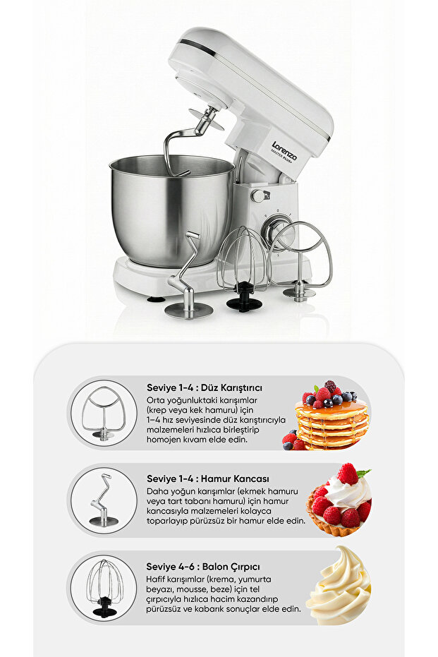 MasterPlus Hamur Yoğurma Mutfak Şefi Stand Mixer 6 lt 1500 W Çiğköfte,Krema Beyaz - 7