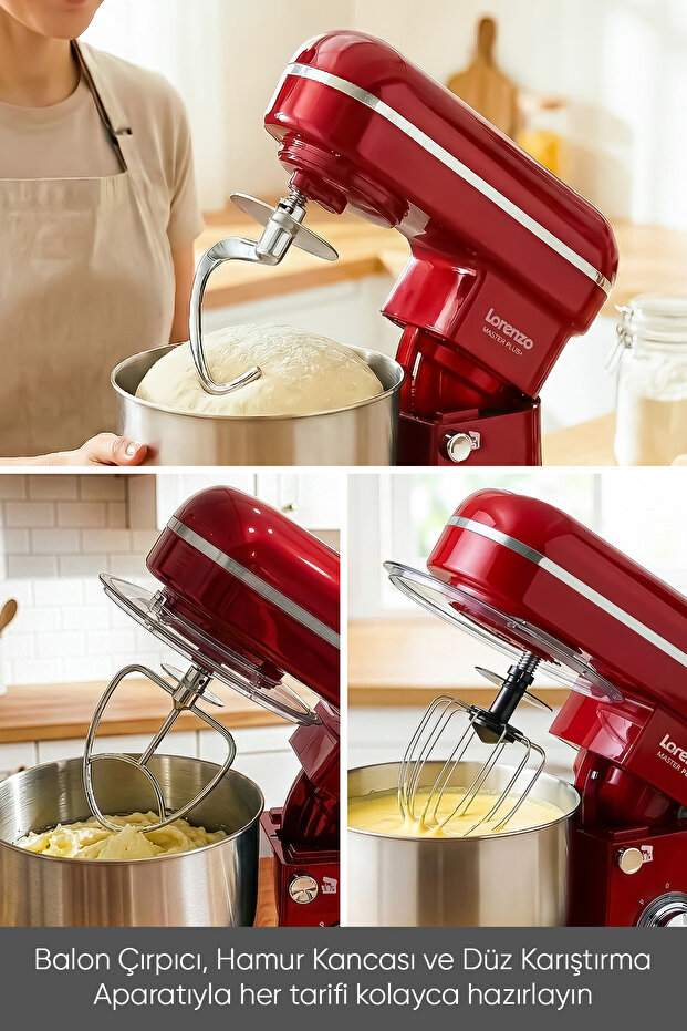 MasterPlus Hamur Yoğurma Mutfak Şefi Stand Mixer 6 lt 1500 W Çiğköfte,Krema Kırmızı - 2