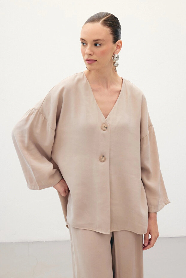 Düğmeli Kimono - Taş - 1