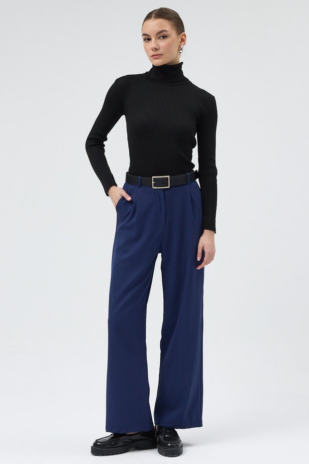 Navy Blue Pleated Detail High Waist Palazzo Women's Trousers 4003A