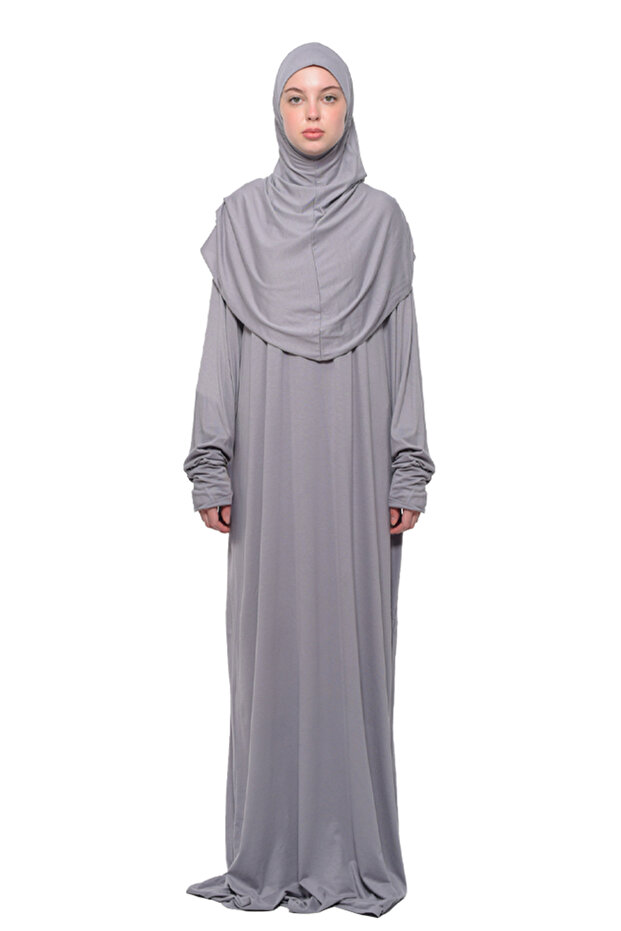 Practical One-Piece Cotton Bat Sleeves Organic Prayer Dress with Detachable Headscarf Gray