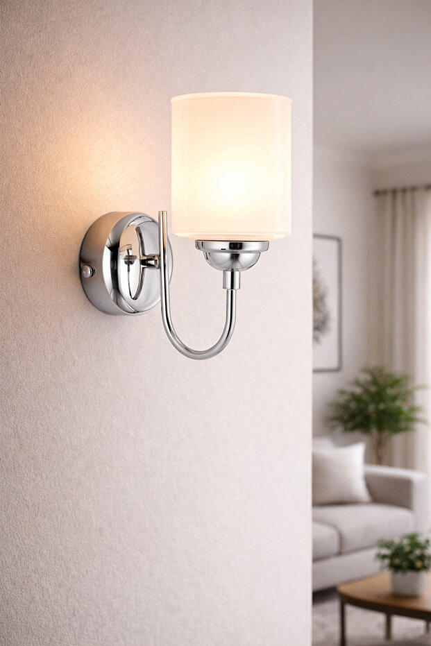 Chrome Minimal Modern Design Living Room Kitchen Bedroom Room Metal Chrome Color White Glass Wall Sconce