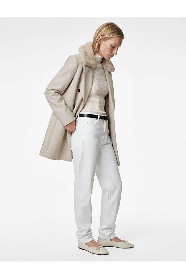Detachable Faux Fur Collar Cashmere Coat Double-Breasted Long Sleeve with Pockets