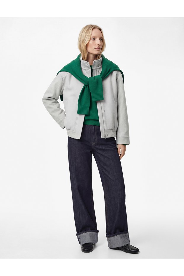 Mock Neck Kaşe Bomber Jacket with Long Sleeves, Pockets and Zipper