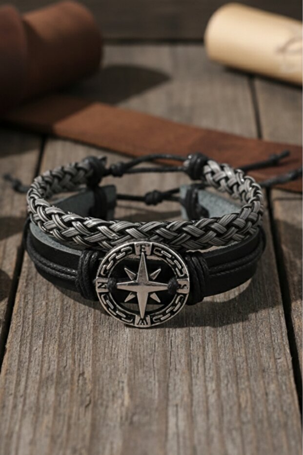 2 Pcs Real Leather Bracelet Premium Compass Design Genuine Leather Bracelet Gift Bracelet