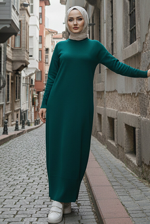 Slit Detailed Knitwear Dress S510 Emerald Green