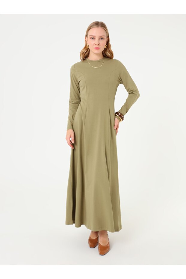 Bel Detaylı A Form Basic Tesettür Elbise - Açık Haki - - 1