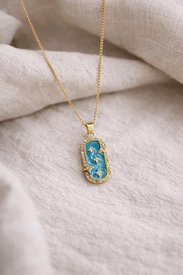 Steel Gold Blue Stone Galaxy Necklace -Does Not Tarnish-