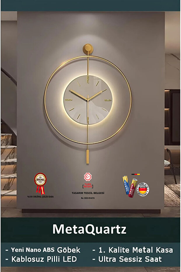 MetaQuartz Aksesuar Timelles Kristal Gold (Özel Seri-Quartz Mekanizmalı) Ledli Duvar Saati
