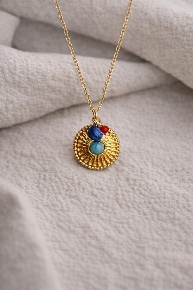 Steel Gold Turquoise Stone Ethnic Model Bria Necklace -No Tarnishing-
