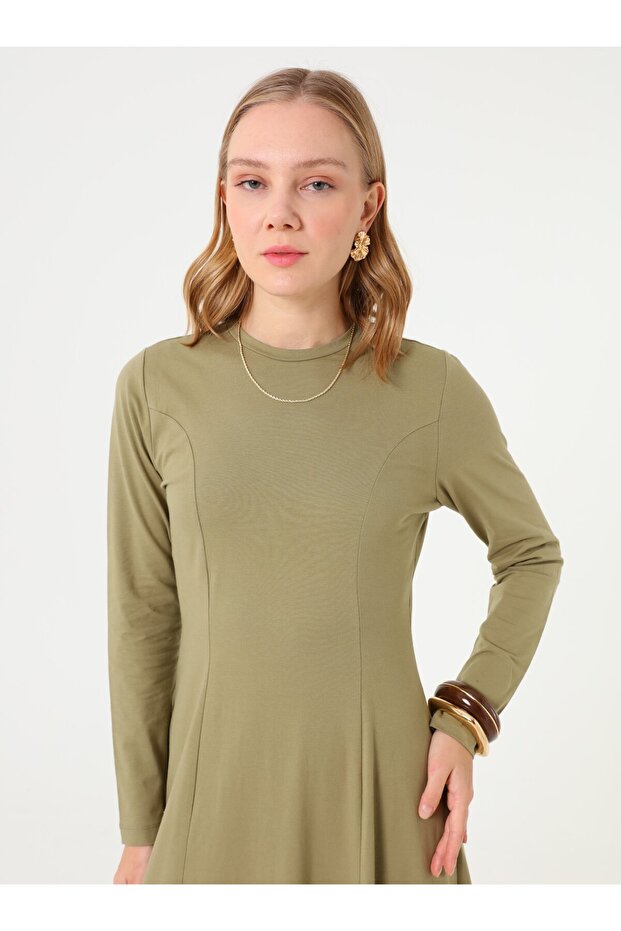 Bel Detaylı A Form Basic Tesettür Elbise - Açık Haki - - 3