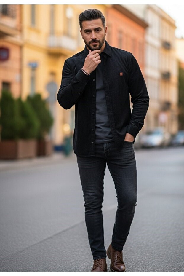 Men's Regular Fit Corded Fabric Velvet Winter Shirt