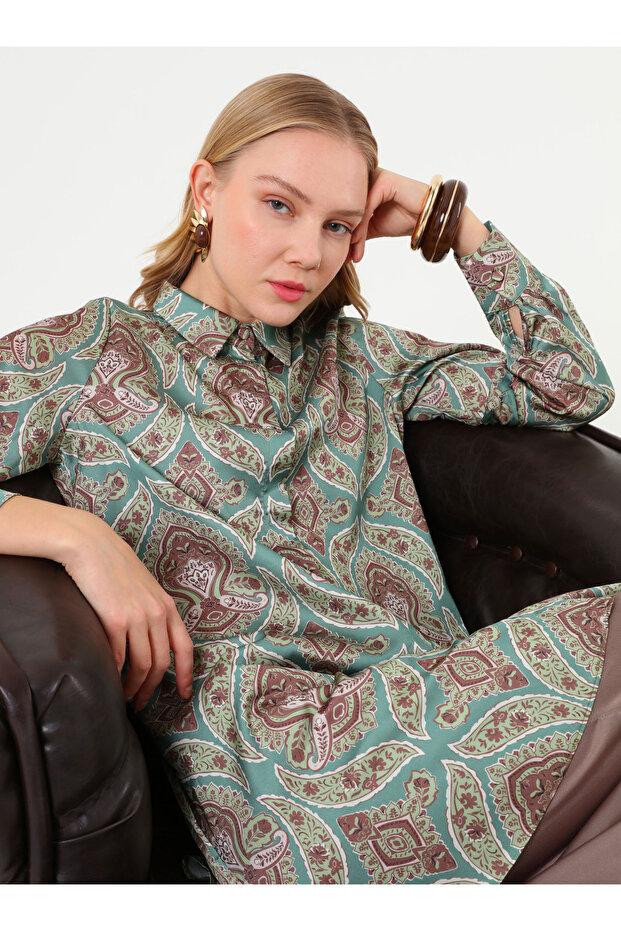 Shawl Patterned Wide Cut Tunic - Green - - 2